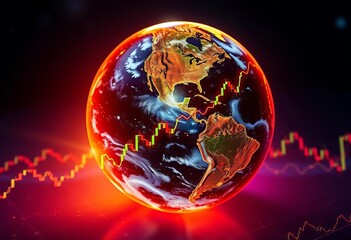 Glowing earth globe with rising stock market graph, financial data chart,  data,   bull market