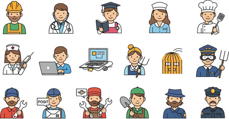 Illustration of various professions including doctor teacher chef pilot and construction worker etc