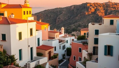 Fototapeta premium Mediterranean houses bathed in warm sunset hues, shadows lengthening, golden hour, ocean