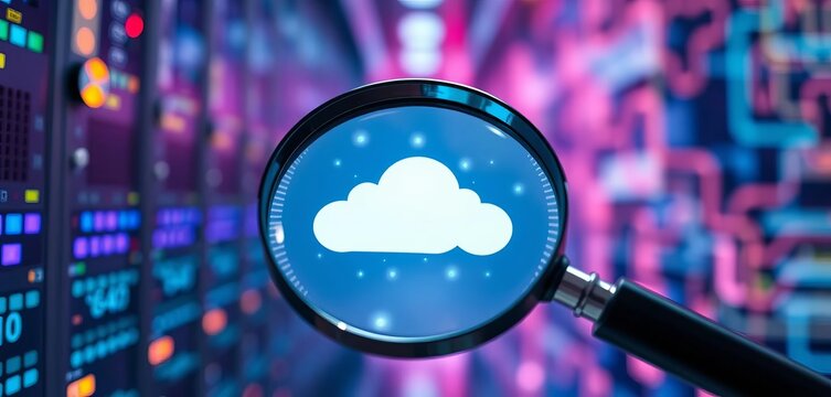 Magnifying glass over cloud data server, big data analytics, information exchange,   artificial intelligence,  privacy
