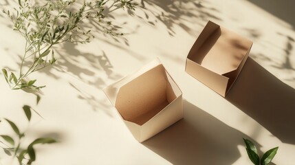 Minimalist Empty Paper Boxes with Natural Light and Greenery on Neutral Background for Creative Packaging Concepts