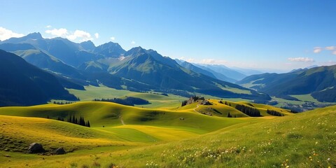 Fototapeta premium Serene vista of rolling green hills and meadows nestled against majestic mountains, calm, vector
