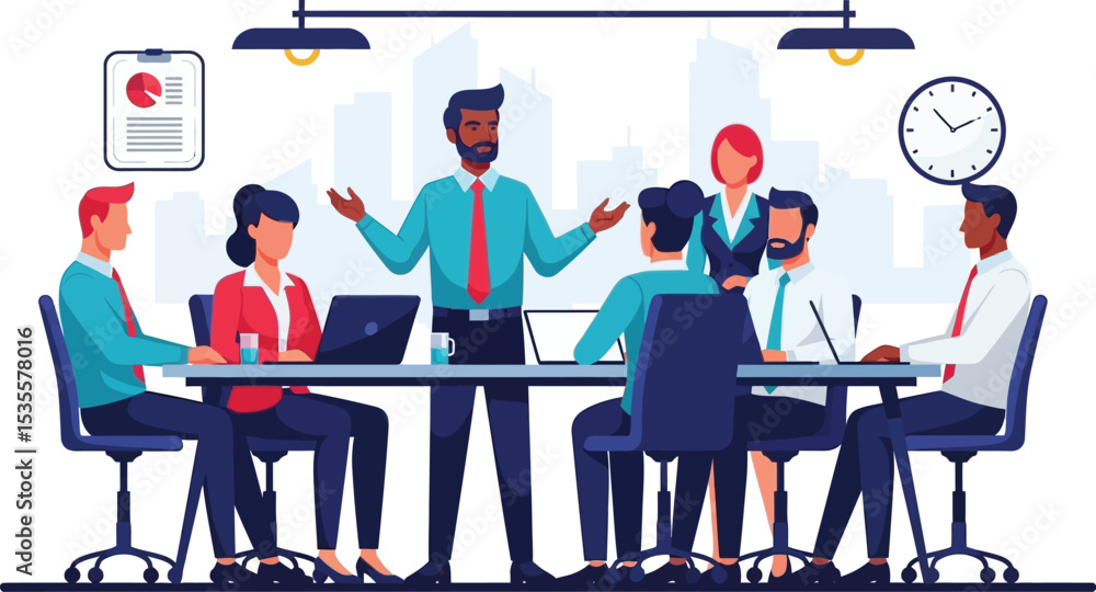 Poster a business meeting with a diverse group of people around a table in a modern office setting vector a