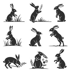 Set of black silhouette rabbits in various poses with decorative grass and floral elements