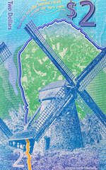 2 Dollars Barbados 2022, with the image of Morgan Lewis Windmill. Polymer money Barbados.