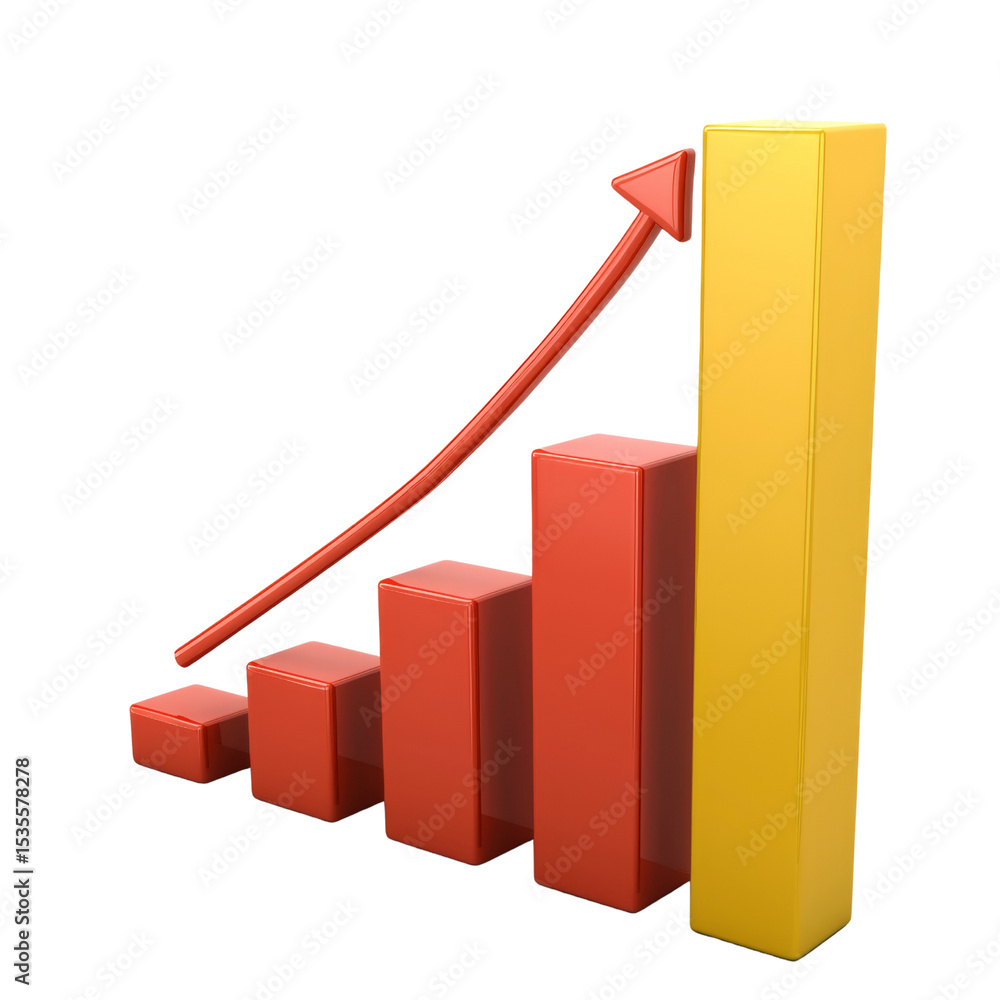 Poster increasing bar graph with upward trend, representing growth and success. vibrant colors of red and y