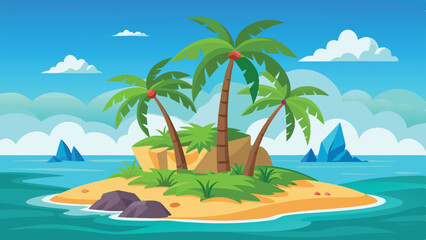 Tropical Island Landscape with Palm Trees, Sandy Beach, Blue Ocean, and Distant Rocky Islets