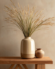 Dried Flower Arrangement in Cream Vase on Wooden Table