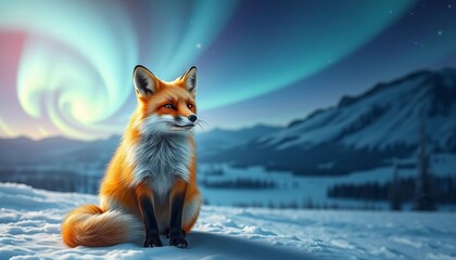 Obraz premium Whimsical fox, serene pose, aurora borealis, snowy landscape, fantasy, vibrant