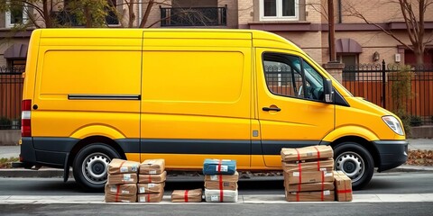 Obraz premium Yellow delivery van parked roadside, stacked parcels below, delivery service vehicle, package