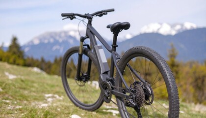 Fototapeta premium Electricobe -bike against the backdrop of a picturesque mountain landscape with snow -capped peaks and dense forest. Topics about outdoor activities, ecotourism or environmentally friendly transport