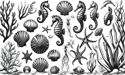  Vector illustration inspired by a detailed hand-drawn marine life collection, seaweed, seashells, tropical fish, seahorses, sea stars, jellyfish, octopus, and marine plants, easily editable.