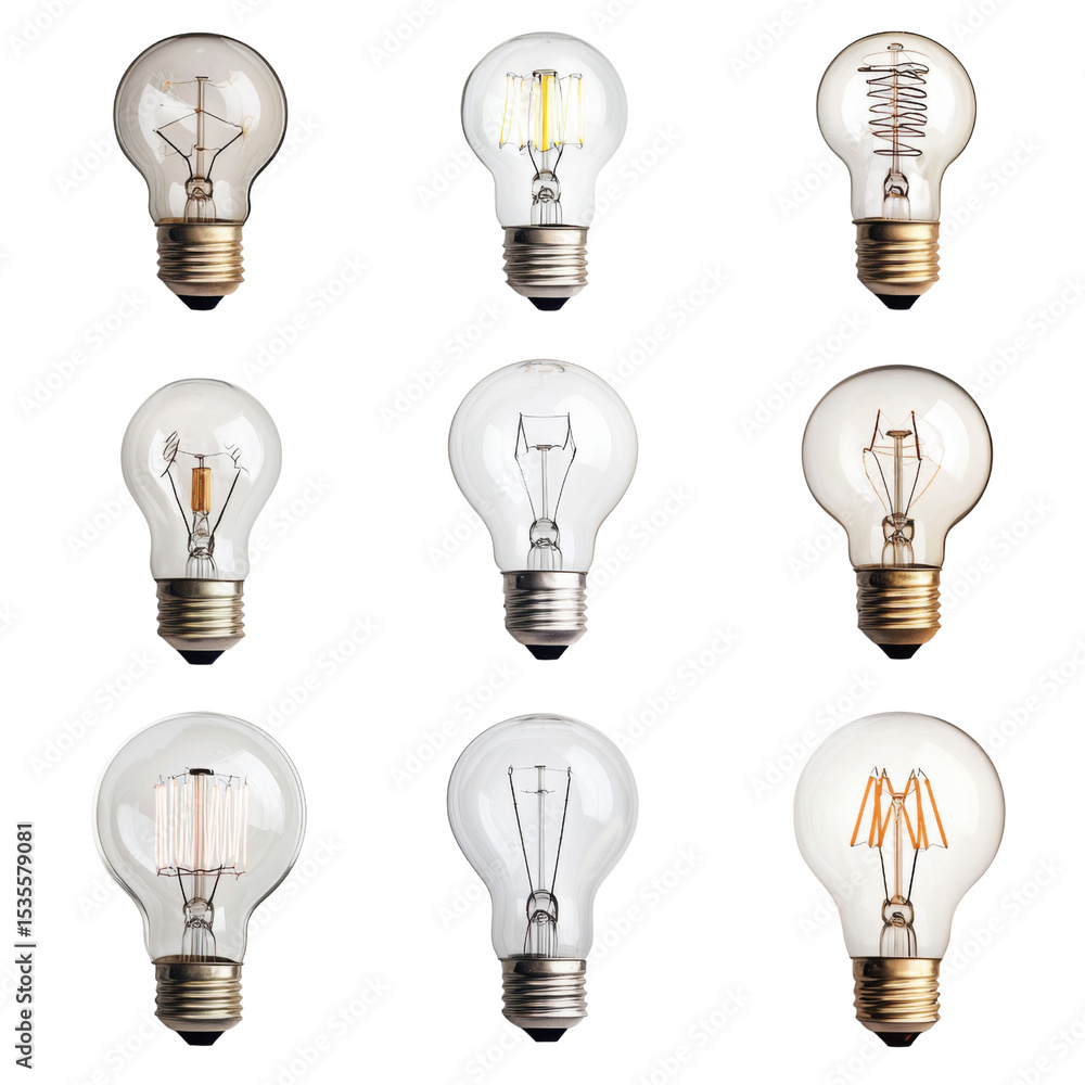 Poster Light bulbs in various designs and styles arranged in grid, showcasing different filament types and shapes. This highlights diversity in lighting technology and aesthetics