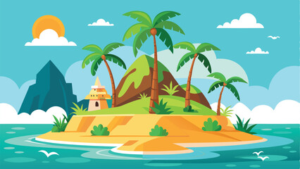 Tropical Island Scene with Palm Trees, Mountain, Building, and Ocean Landscape Illustration