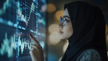 Young woman in hijab analyzing stock market data on a digital screen in a modern office setting - Powered by Adobe