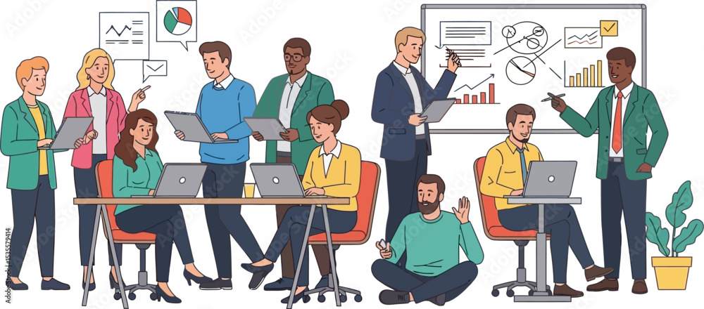 Poster group of diverse professionals collaborating in a modern office environment with presentation