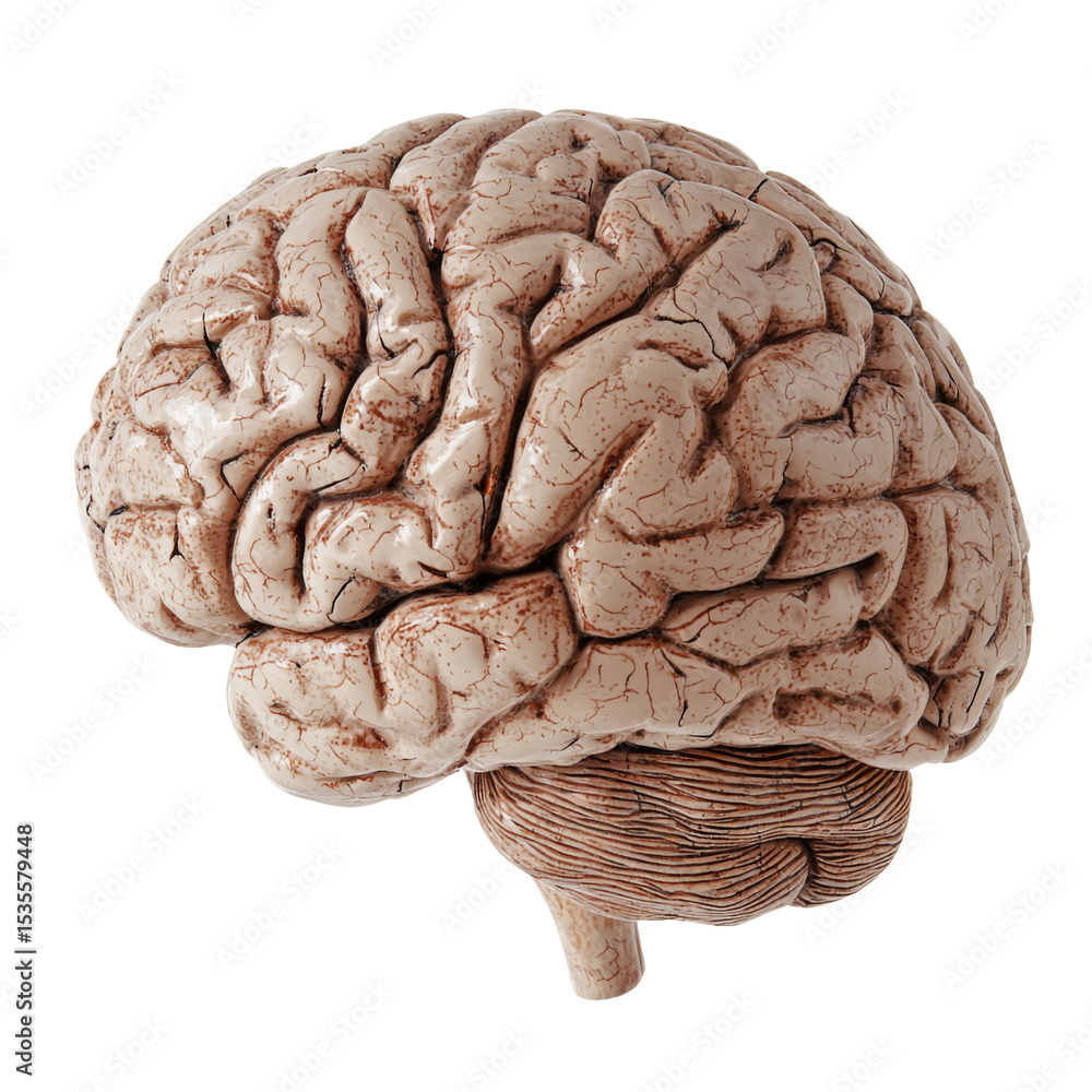 Poster Anatomical model of human brain showcasing detailed structure and texture. This representation highlights complexity of neural pathways and brain regions, emphasizing its importance human function