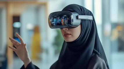 Young woman wearing virtual reality headset in modern office, engaging with digital interface - Powered by Adobe