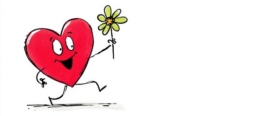 Valentine's Day Cartoon Heart Character with Flower and Smiling Face