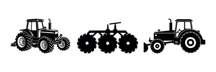 Farming Tools Silhouette Clipart Agricultural Vehicle and Machinery Vector Art Design set