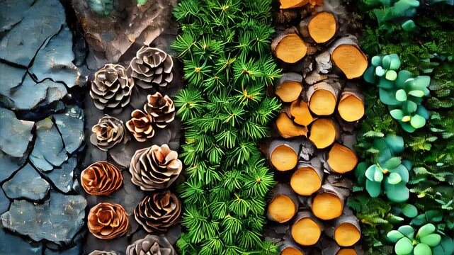 Many different types of pine cones on the tree plant background