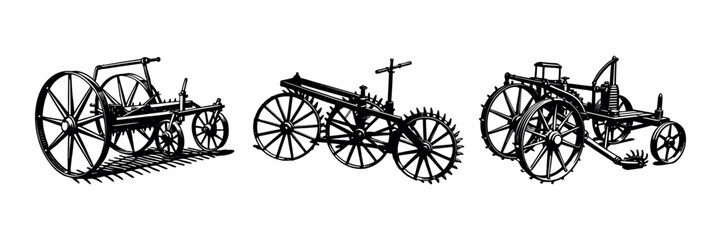 Fototapeta premium Farming Tools Silhouette Clipart Agricultural Vehicle and Machinery Vector Art Design set