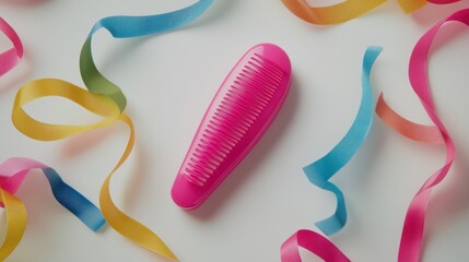 Obraz premium Brightly Colored Hair Comb Surrounded by Vibrant Ribbons on a Soft Background