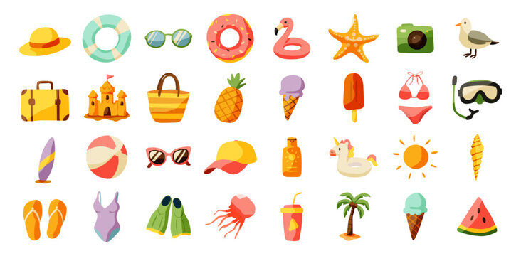 A collection of beach and pool related icons including a swimsuit, sunglasses, and a camera. The icons are arranged in a grid and are all in bright colors