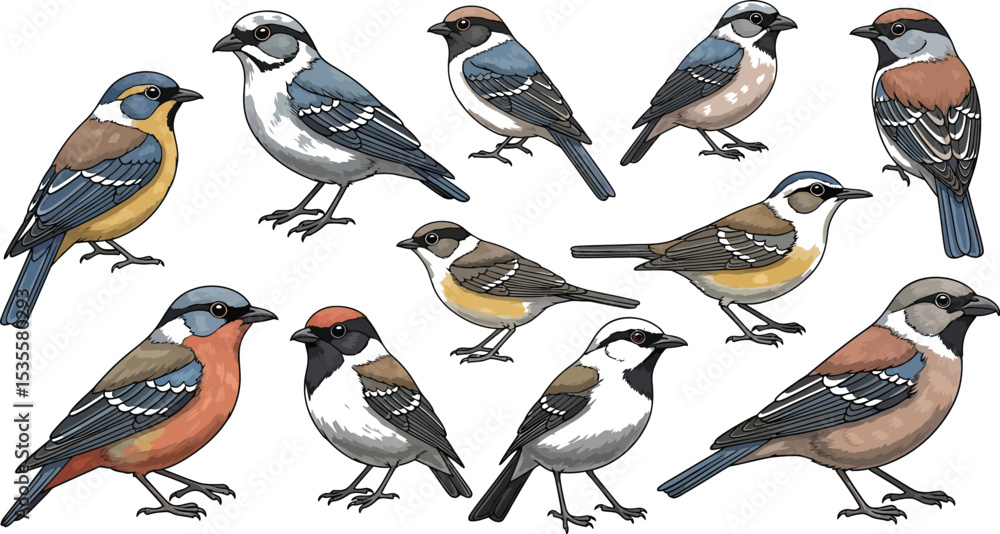 Poster a collection of eleven stylized birds with various colors and patterns standing on a white backgroun