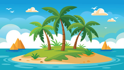 Cartoon Island with Palm Trees, Sand, Sea, Sky, Boats, and Birds Illustration