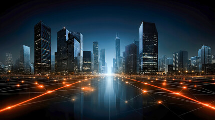 Digital banking transaction visualized as glowing network lines between skyscrapers in a futuristic cityscape, symbolizing global financial connectivity.