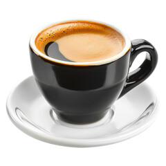 close up of black coffee cup filled with espresso on white saucer, showcasing rich crema and inviting aroma. Perfect for coffee lovers and enthusiasts