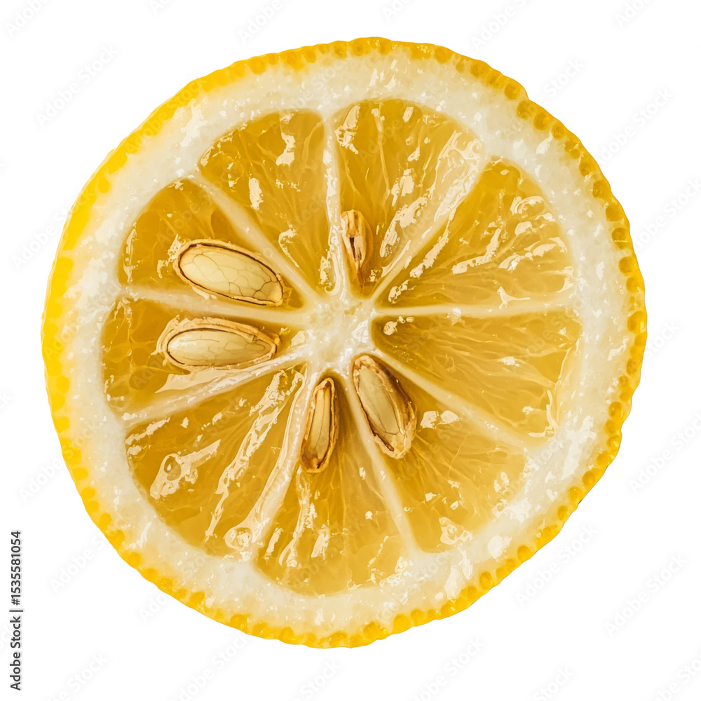 Poster fresh lemon slice with vibrant yellow color and visible seeds, showcasing its juicy texture and refr