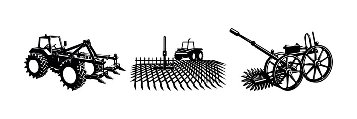 Farming Tools Silhouette Clipart Agricultural Vehicle and Machinery Vector Art Design set