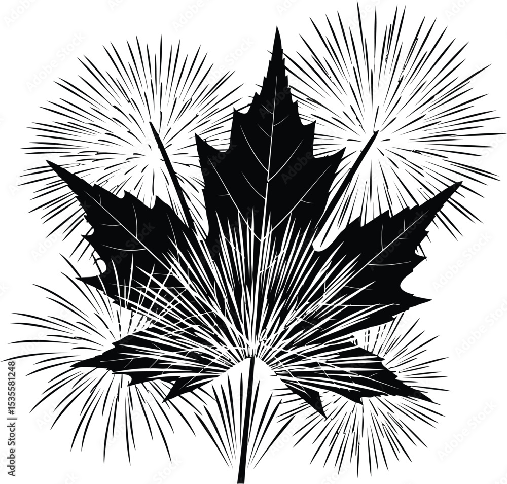 Poster a black maple leaf with radiating lines on a white background in a graphic design style image view