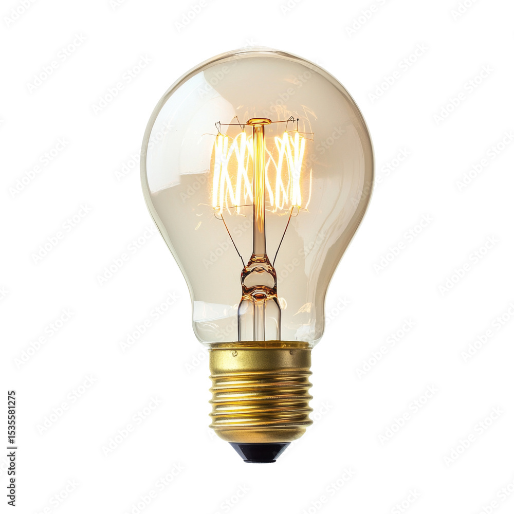 Poster vintage light bulb with warm glow, showcasing its filament design and classic shape, perfect for add