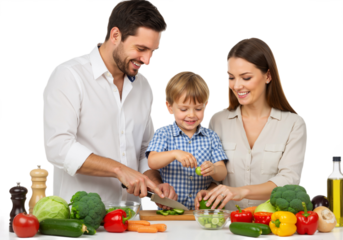 Family preparing fresh vegetables together, healthy cooking and bonding moment in the kitchen, PNG format.