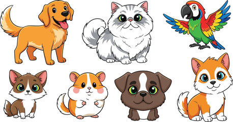 Cartoon illustration featuring a golden retriever, cat, parrot, hamster, and various dog breeds