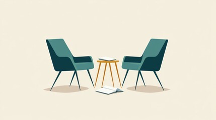 Fototapeta premium Cozy Living Room Setting with Two Modern Chairs and a Stylish Coffee Table Featuring Open Book