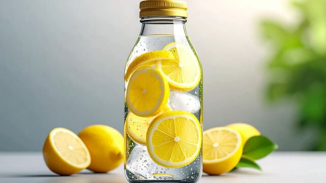 Invigorating lemon infused water with ice cubes in glass bottle, freshness concept