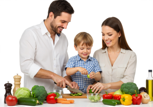 Family preparing fresh vegetables together, healthy cooking and bonding moment in the kitchen, PNG format. - Powered by Adobe