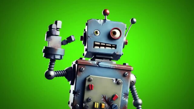 A funny 3D cartoon robot waving and spinning in place on a solid green background