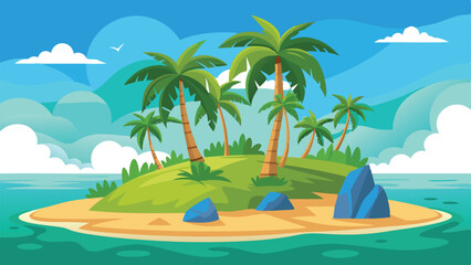 Cartoon Tropical Island Scene with Palm Trees, Blue Rocks, and Teal Ocean View