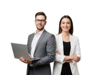 Professional business team holding a laptop. smiling man and woman on a white or transparent background.