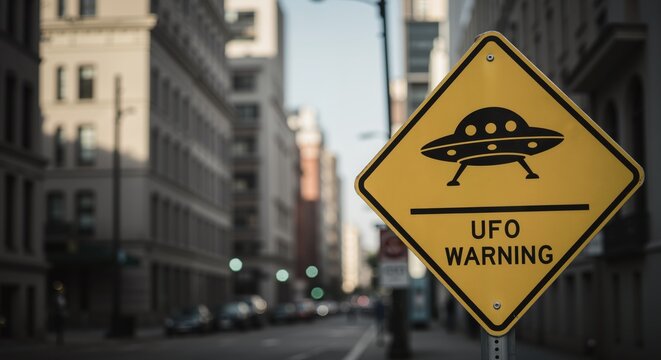 UFO warning sign on city street with buildings in background  