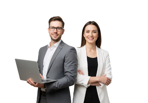 Professional business team holding a laptop. smiling man and woman on a white or transparent background.