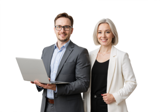 Professional business team holding a laptop. smiling man and woman on a white or transparent background.