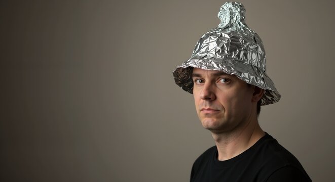 Man wearing aluminum foil hat with serious expression against plain background  