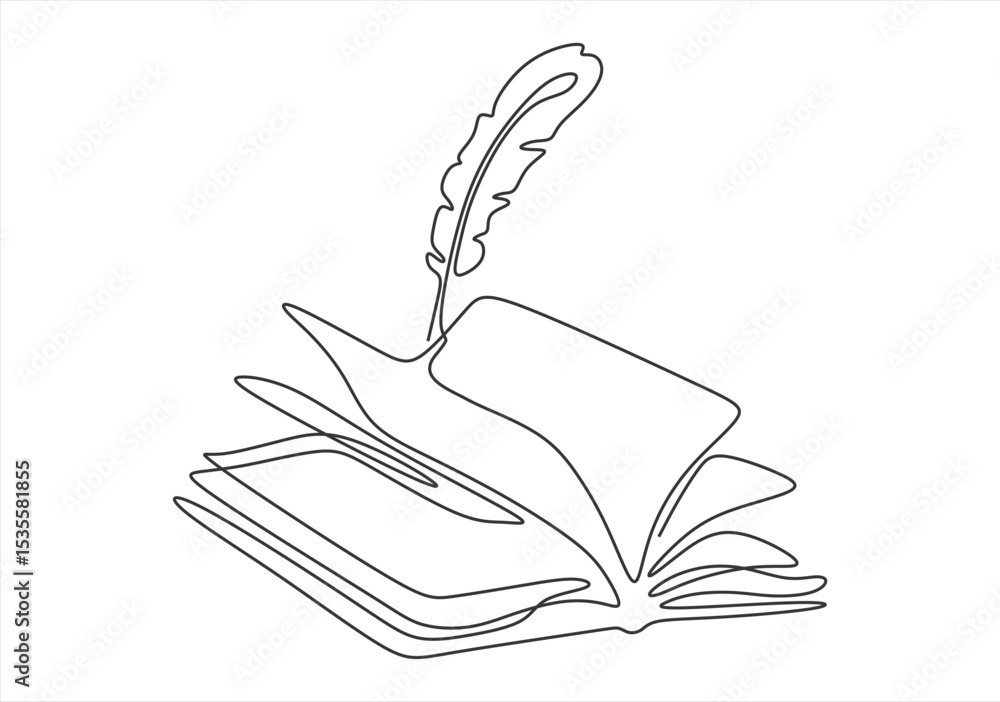 Poster open book with feather pen. continuous line. line icon-continuous line drawing.