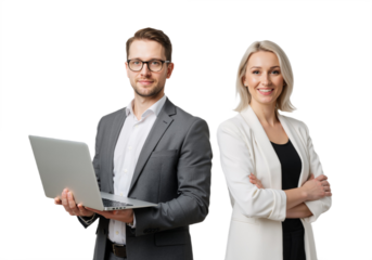 Professional business team holding a laptop. smiling man and woman on a white or transparent background.